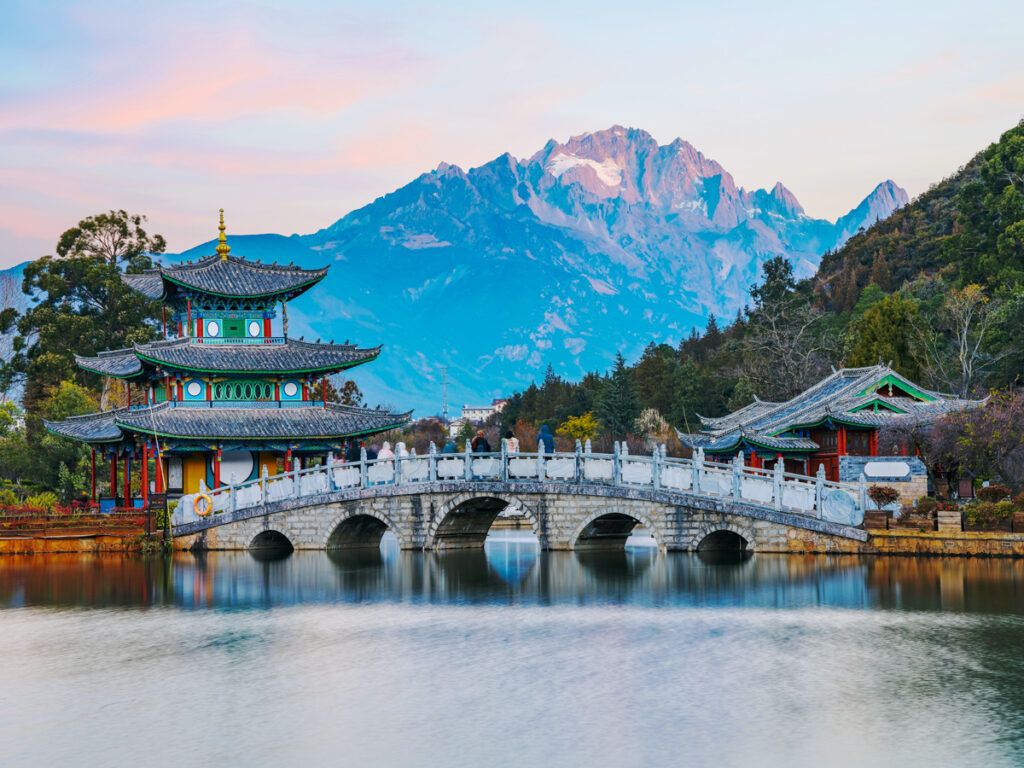 Bridge and temple in Lijiang City, Yunnan Province, China