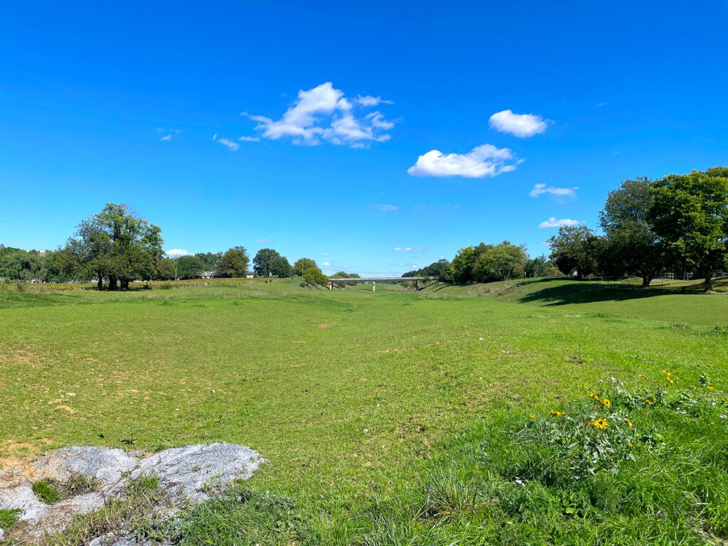 Grassy field with the abandoned Goat Path in the distance