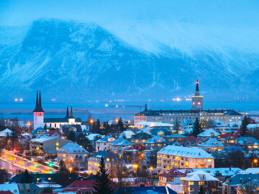 A night view of Reykjavik, the capital of Iceland