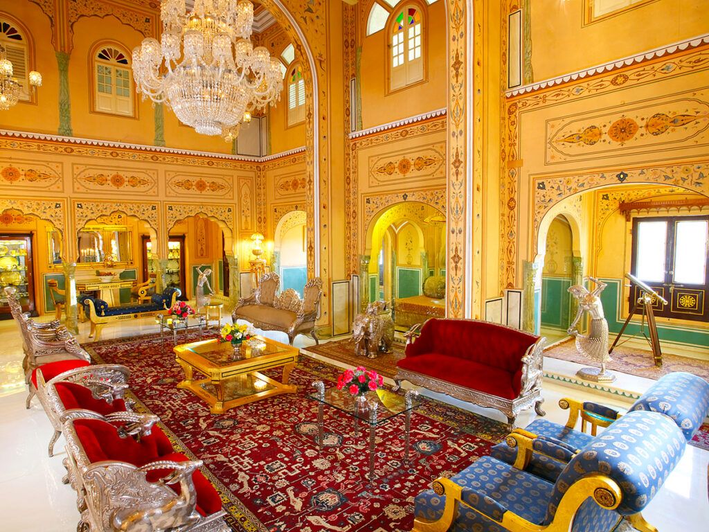 Sitting area in the Shahi Mahal Suite at the Raj Palace in Jaipur, India