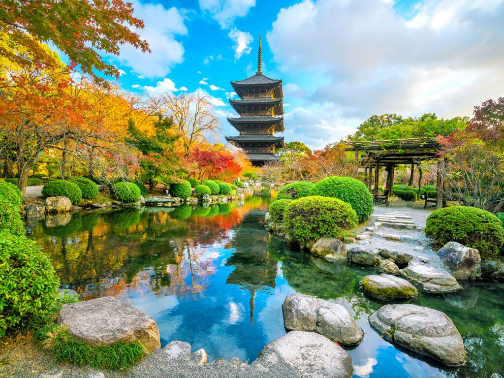 To-ji Temple in Kyoto, Japan, with autumn colors