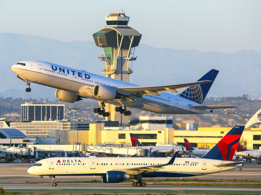 A United Airlines Boeing 777 taking off from Los Angeles International Airport