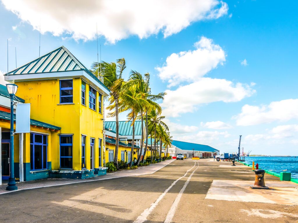 Colorful houses at the port of Nassau in The Bahamas