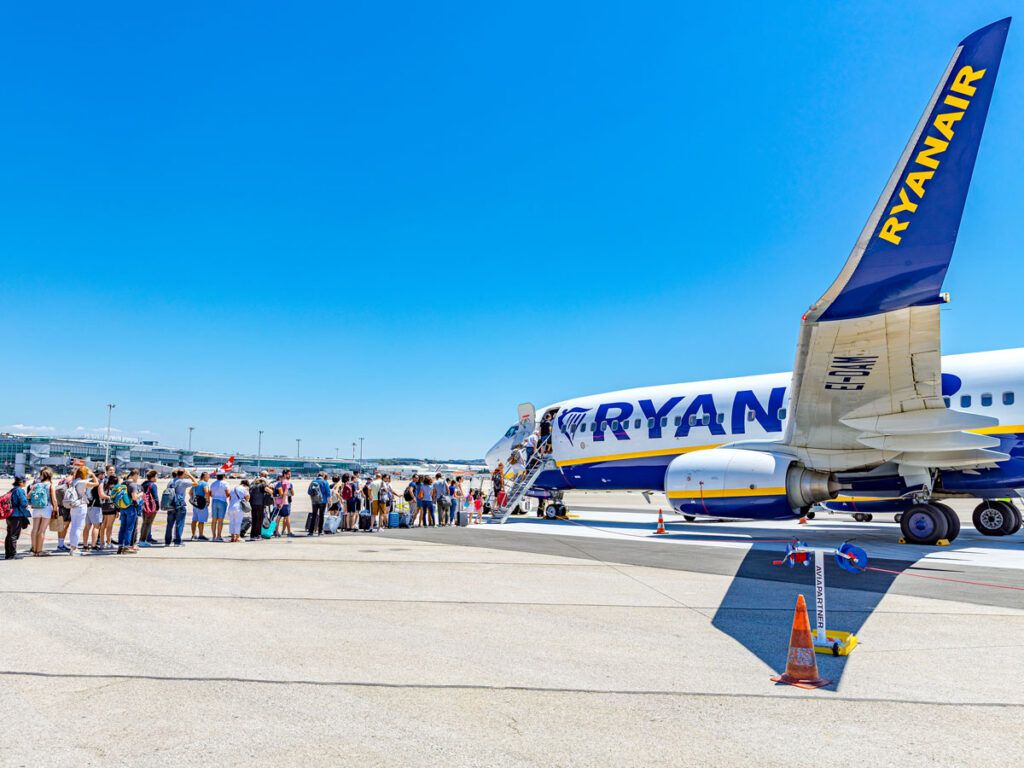 Passengers boarding a Ryanair flight 