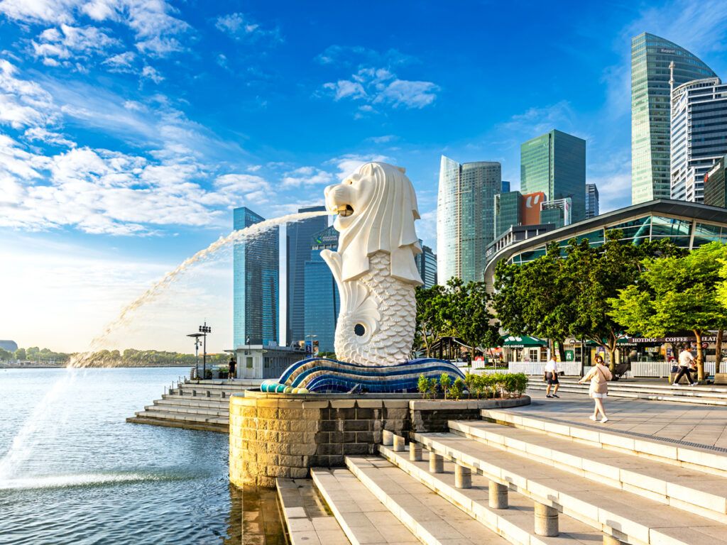 Merlion statue fountain at Merlion Park in Marina Bay,  Singapore