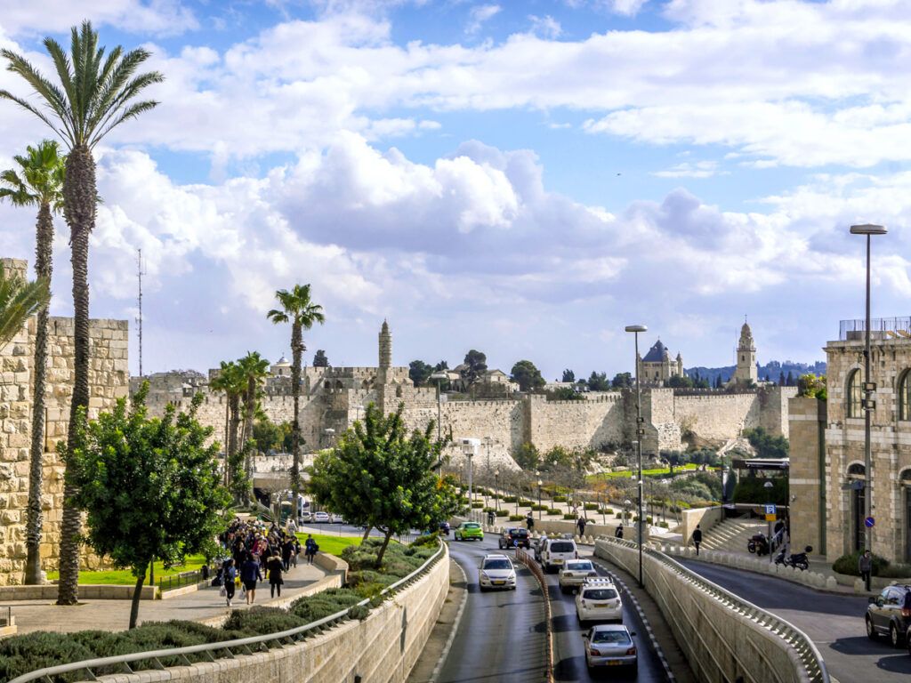 The road traffic on Biblical Highway through Jerusalem in Israel