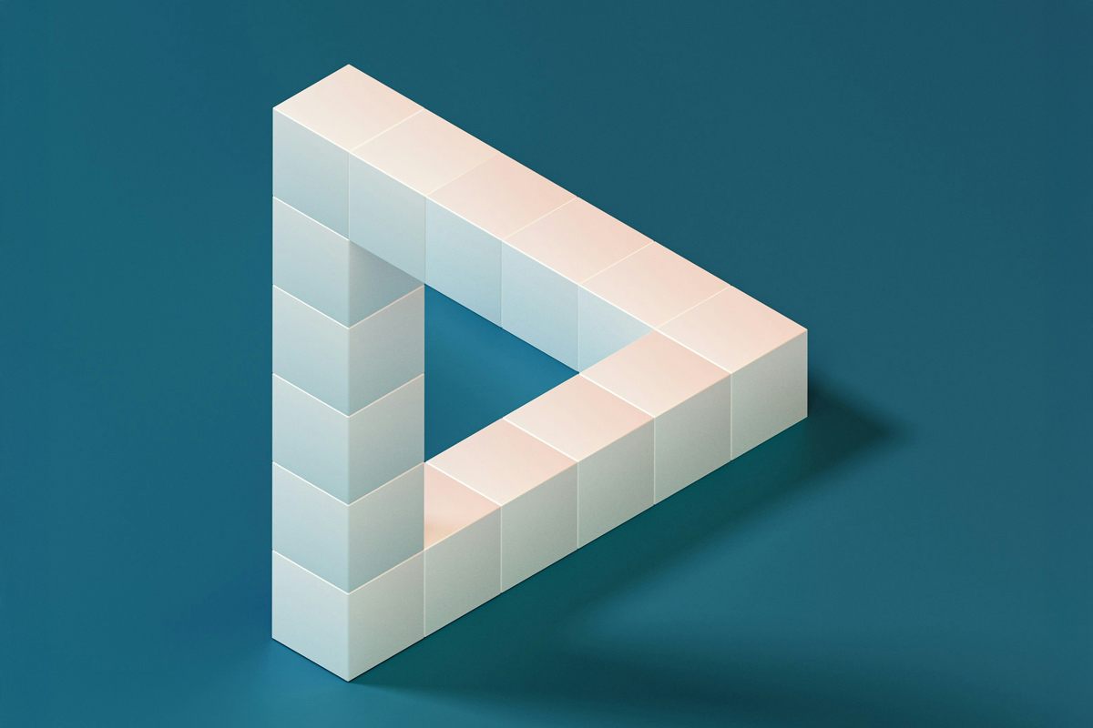 An optical illusion involving a white 3D triangle that appears to connect to itself