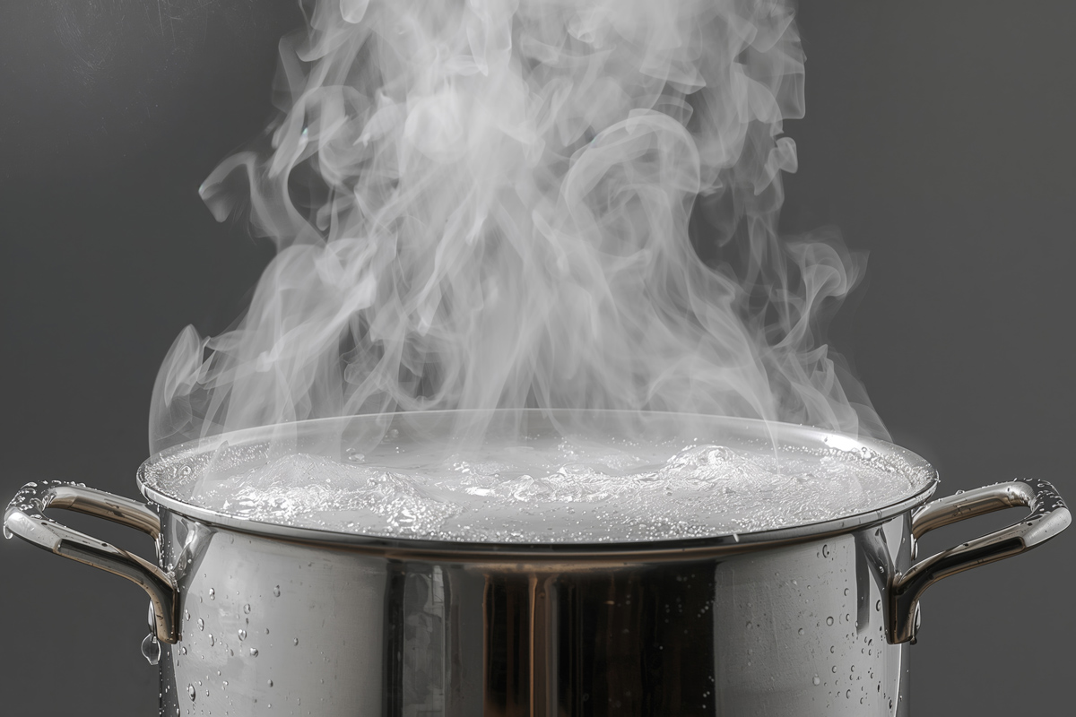 A black and white image of steam rising from a boiling pot of water.