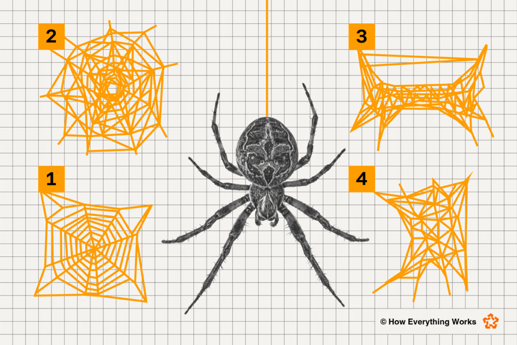 Illustration of four types of spider webs