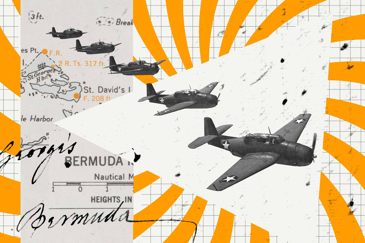 Illustration of planes flying over the Bermuda Triangle