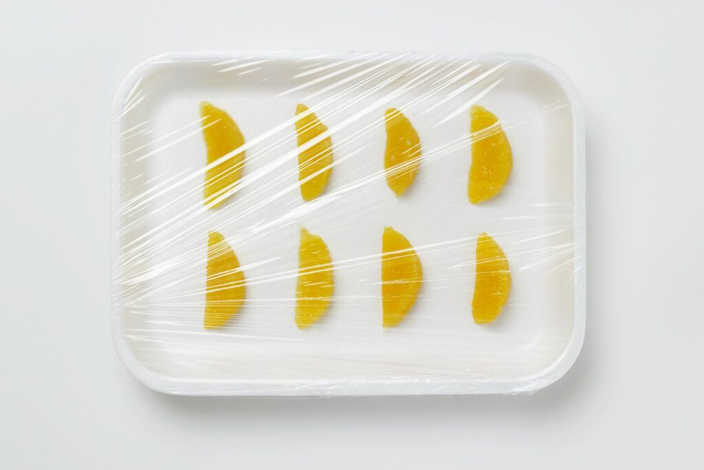 Fruit tray wrapped in cling wrap