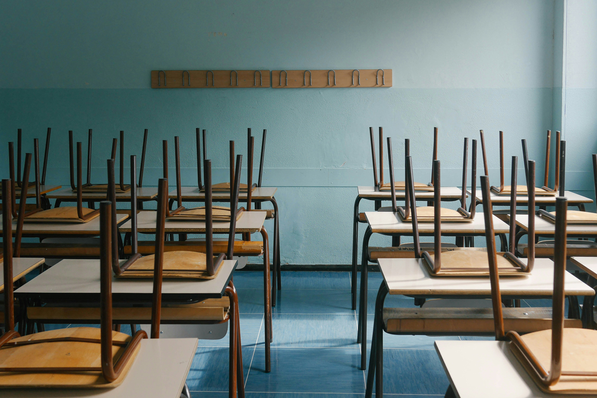 Classroom with chairs on desks for break