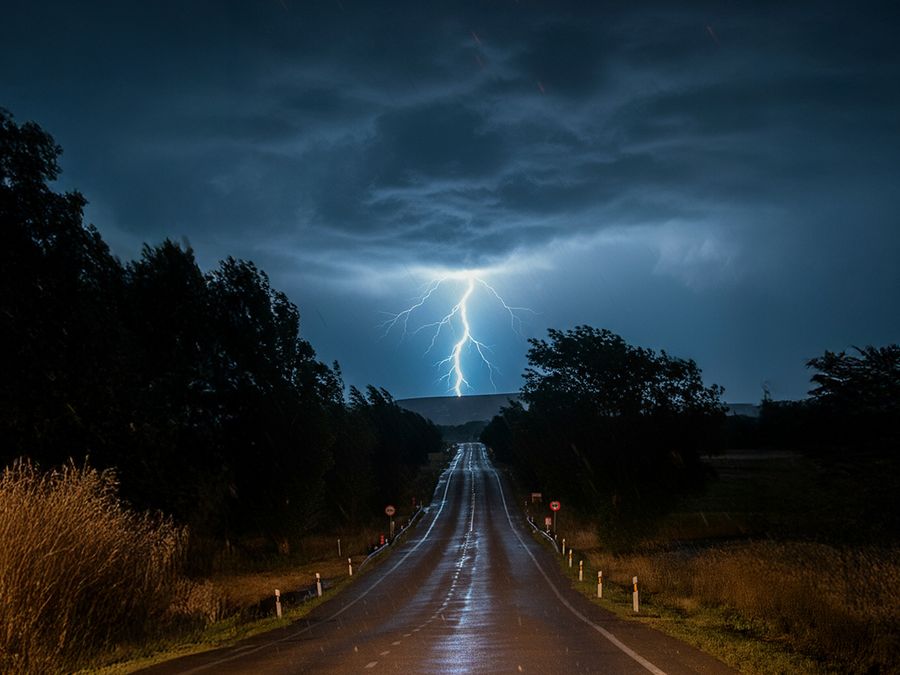 Lightning strike over a highway