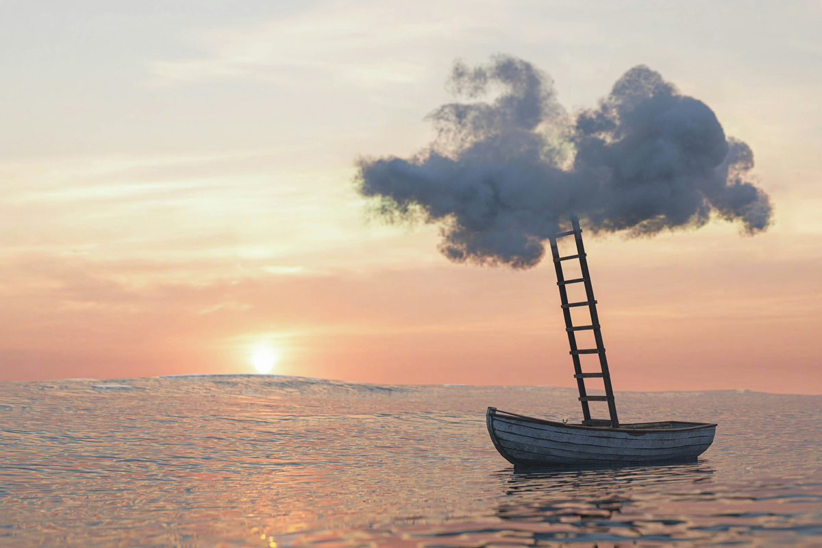 Surreal dream imagery of a ladder connecting a boat to a cloud