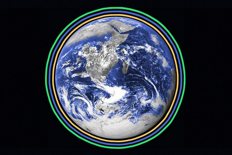The Earth surrounded by colored lines