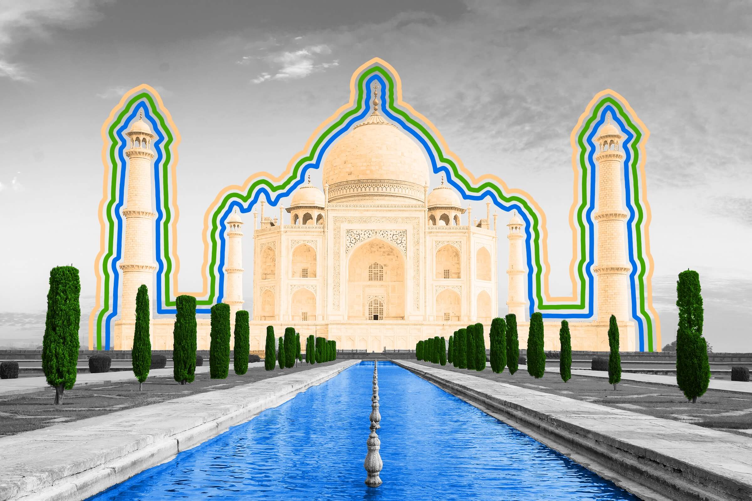 The Taj Mahal appears to change color throughout the day