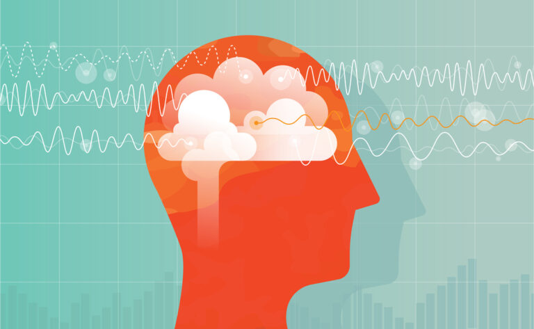 Vector illustration showing orange head with brain and charts of a different brain waves: Alpha, beta, theta and delta waves.