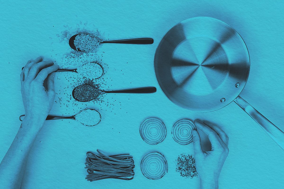 Overhead view of cooking supplies and ingredients