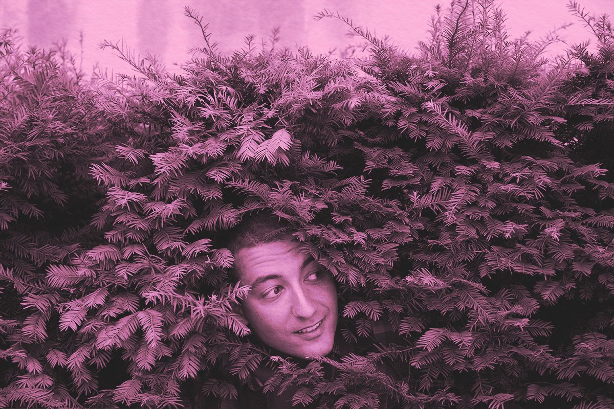 Man peering out from bush