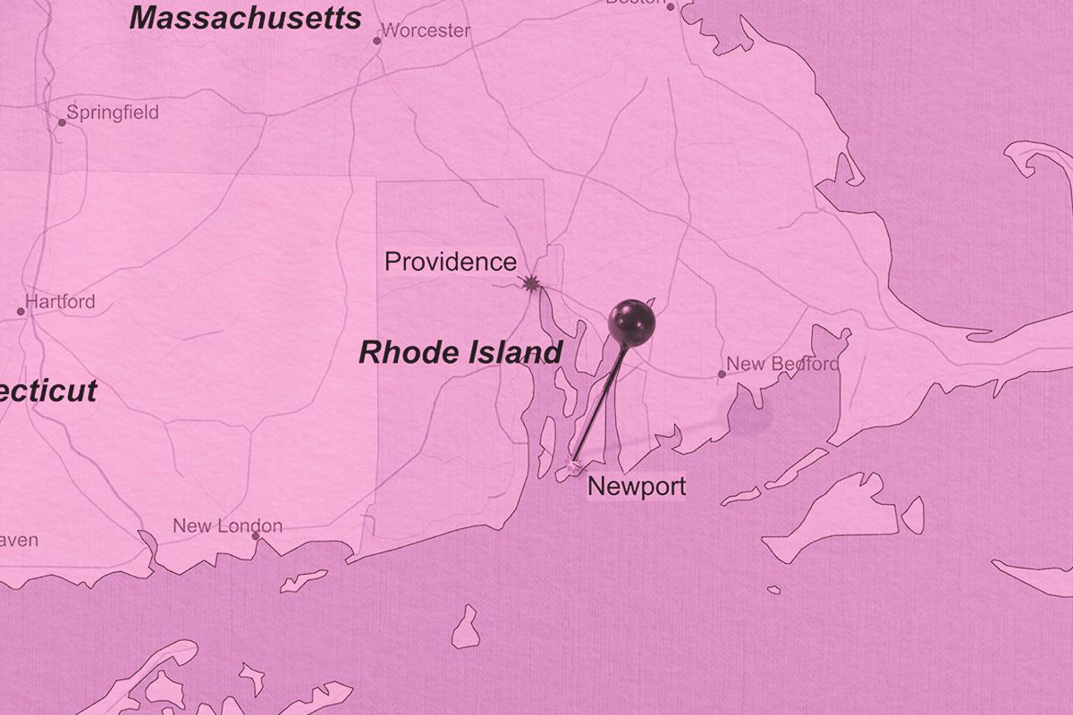 map with red stick pin at Newport, Rhode Island