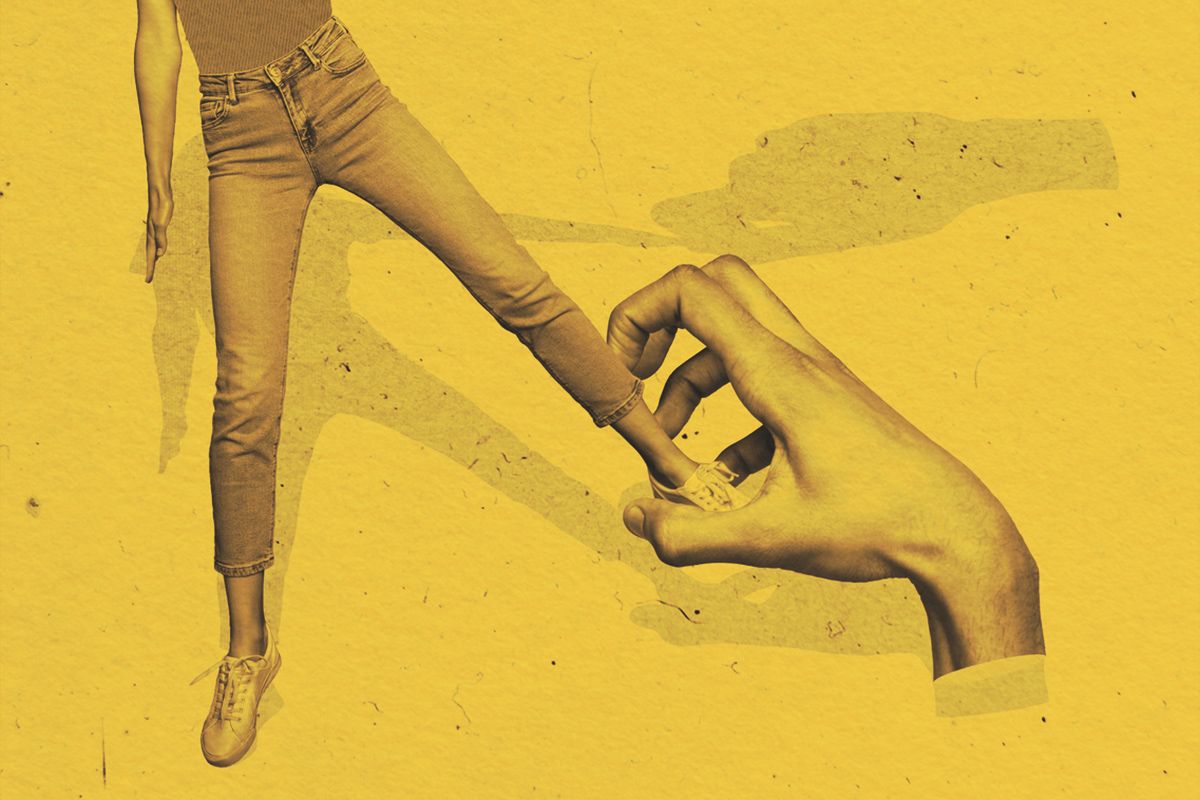 Collage image of big arms pull mini girl leg isolated on creative background
