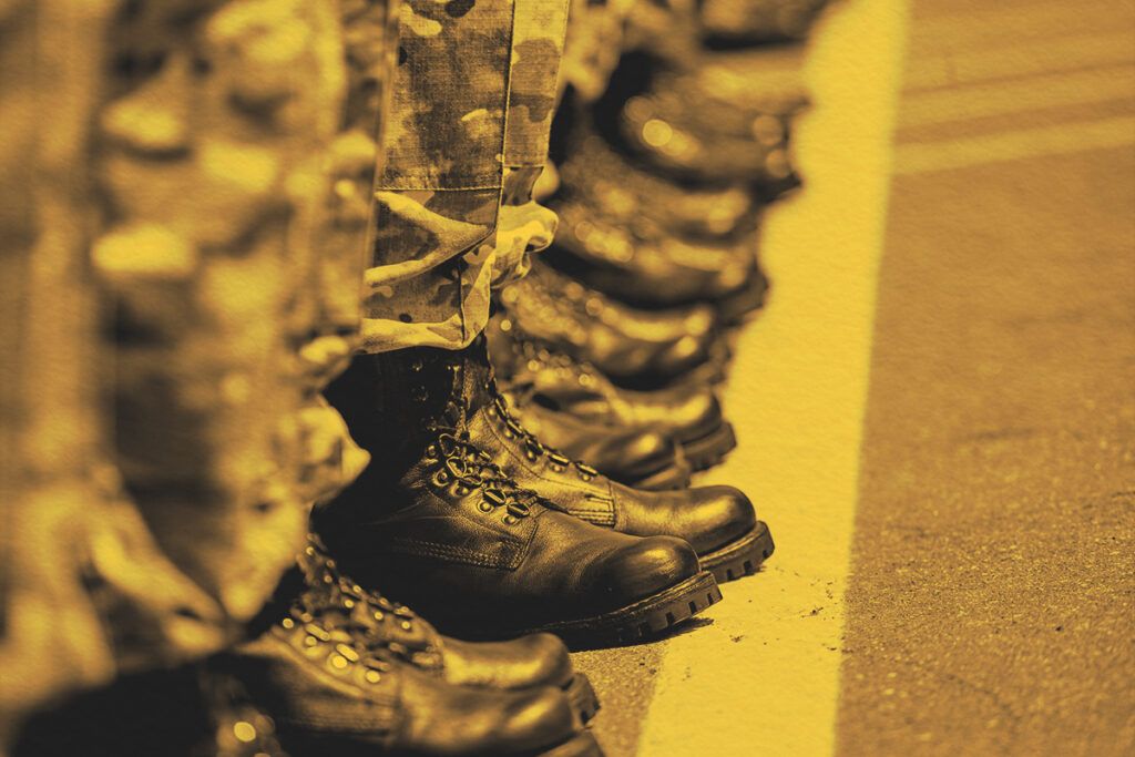 military army boots in line